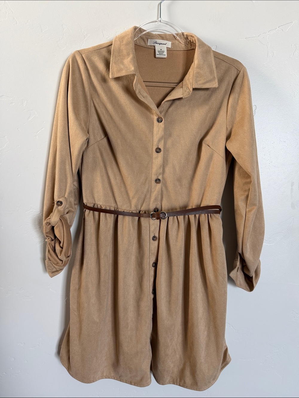 Passport Camel Faux-Suede Long Sleeve Shirtdress with Slim Belt Coastal Cowgirl